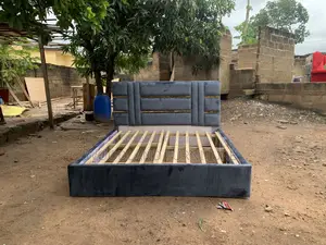Bold Grey Velvet Bed Frame with Gold Accents - Queen Size