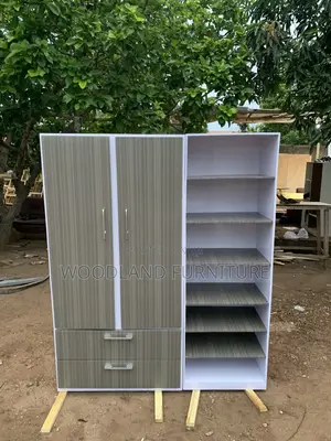 Modern Gray Wood-Grain Wardrobe with Open Shelving