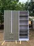 Modern Gray Wood-Grain Wardrobe with Open Shelving - 2