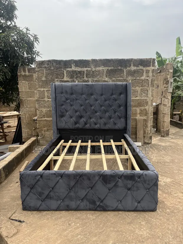 Luxurious Dark Gray Diamond Tufted Velvet Bed Frame by Woodland - 1
