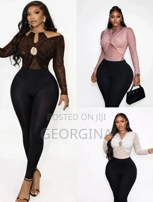 2-in-1 Lace Bodysuit Top & Leggings Set with Gold Brooch - 1