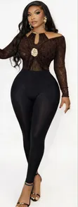 2-in-1 Lace Bodysuit Top & Leggings Set with Gold Brooch - 2