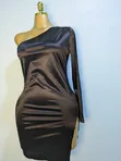 Shein Black One Shoulder Chain Detail Satin Bodycon Dress - 3