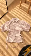Pinstripe Ruched Satin Blouse - 2