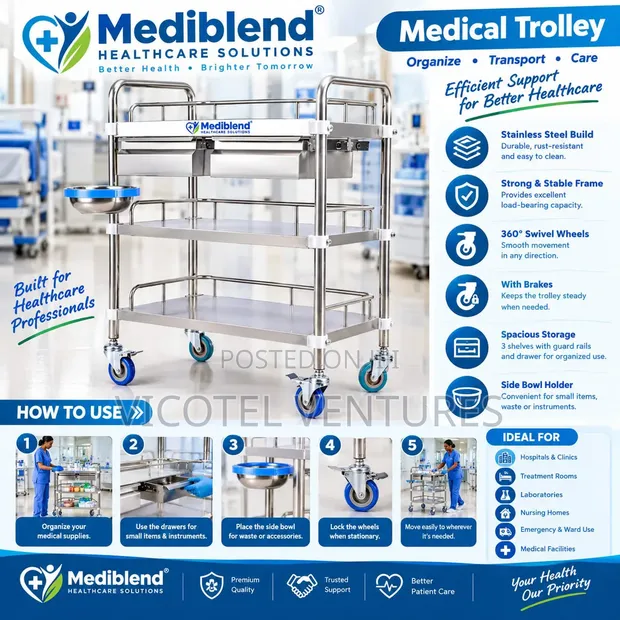 3-Step Stainless Steel Medical Trolley with Drawer - 1