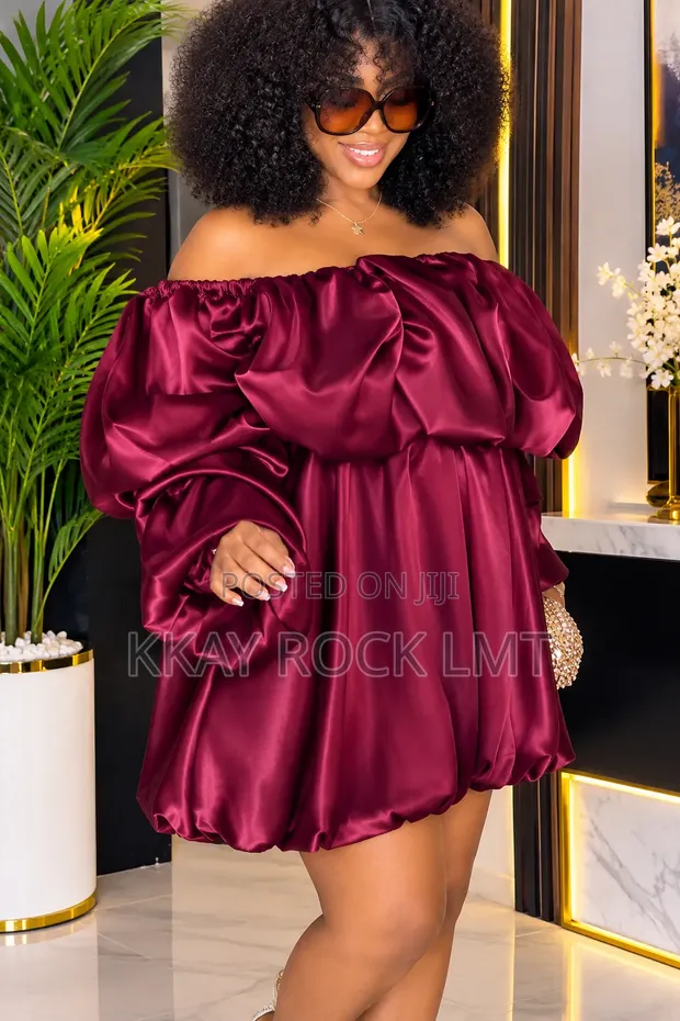 Luxurious Burgundy Satin Off-the-Shoulder Bubble Mini Dress - 1