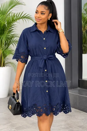 Elegant Navy-Blue Jeans Shirt Dress with Lace Detailing