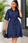 Elegant Navy-Blue Jeans Shirt Dress with Lace Detailing - 2