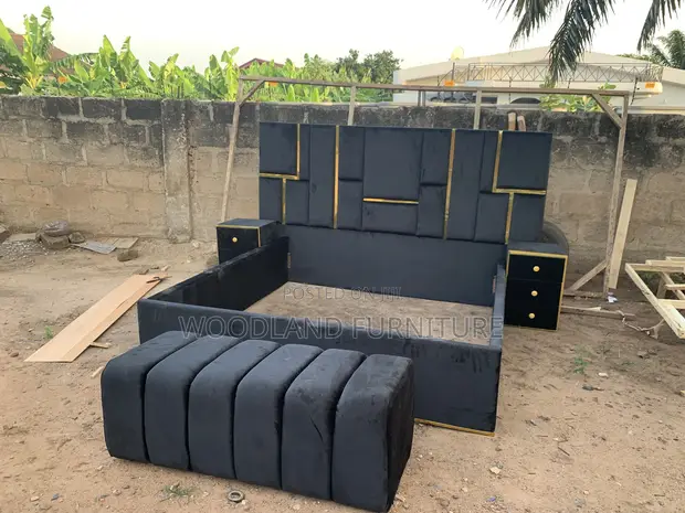Modern Black & Gold Geometric Bed Frame with Nightstands - 1