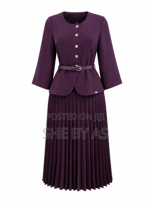 She by AS Elegant Ladies Corporate Pleated Dress Set with Belt - Plum