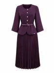 She by AS Elegant Ladies Corporate Pleated Dress Set with Belt - Plum - 1