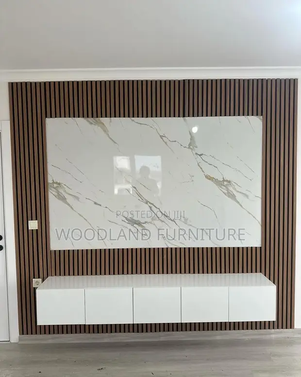 Modern Marble & Wood Slat TV Feature Wall with Floating Console - 1