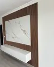 Modern Marble & Wood Slat TV Feature Wall with Floating Console - 2