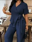 Elegant Navy Blue Women's Two-Piece Set | Office Wear - 1