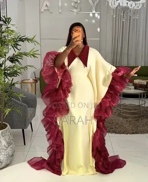 Cream Kaftan Bubu Gown with Burgundy Collar & Trim