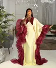 Cream Kaftan Bubu Gown with Burgundy Collar & Trim - 1