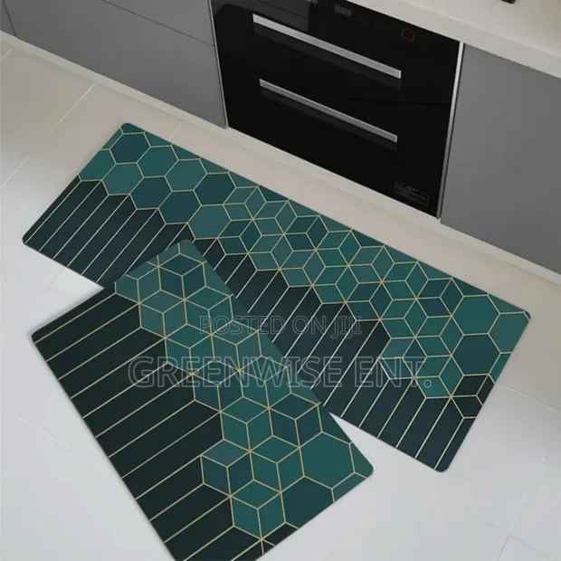 2-Piece Blue Geometric Kitchen Rug Set - 1