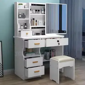 Modern White Dressing Table with Sliding Mirror & Storage