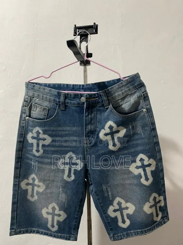 Men's Designer Denim Shorts - Blue Cross Print - 1