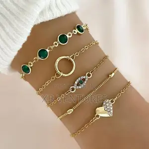 5Pcs Green Gemstone Stackable Vintage Chain Bracelets
