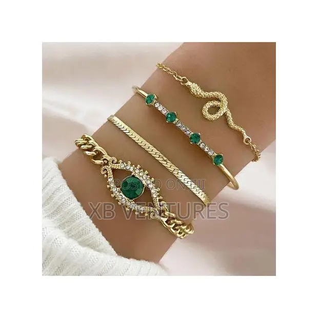 4PCS Green Gemstone Stackable Vintage Chain Link Bracelets - 1