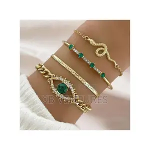 4PCS Green Gemstone Stackable Vintage Chain Link Bracelets