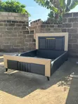 Gray and Cream Leather Double Bed Frame - 2