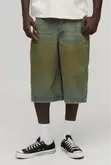 Boohooman Longline Tinted Denim Jorts - Green - 1