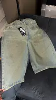 Boohooman Longline Tinted Denim Jorts - Green - 3