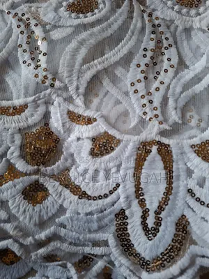 White Cord Lace Fabric with Gold Sequins & Satin Lining