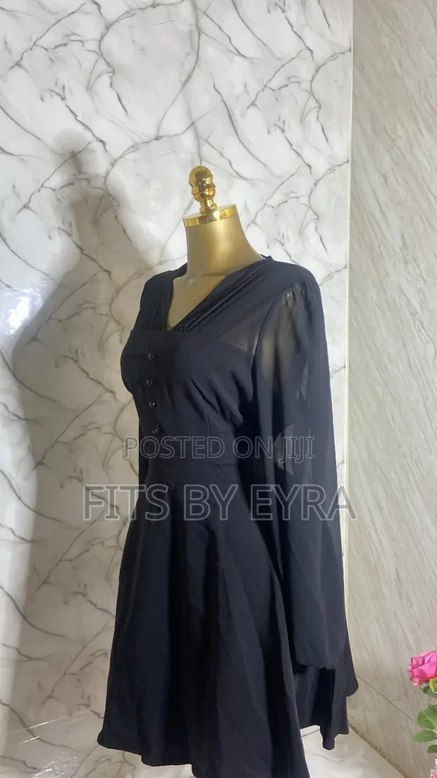 Black Long-Sleeved Fit-and-Flare Dress - 1