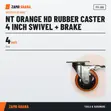 NT Orange HD Rubber Caster 4 Inch Swivel + Brake - 2