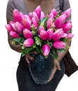Minimalistic Emerald Green Flower Vase with Pink Tulips - 2