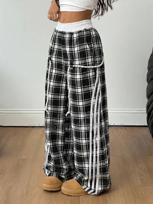Unisex Black & White Plaid Wide Leg Cargo Pants