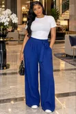 Ladies Royal Blue Pleated Wide Leg Palazzo Pants With Belt - 1