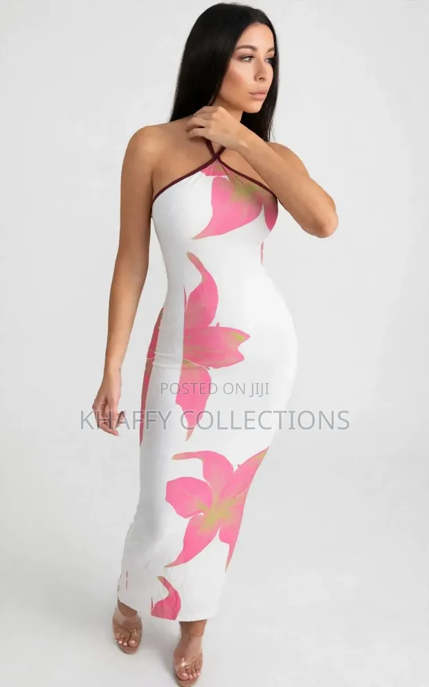 Women's White & Pink Floral Bodycon Maxi Dress - 1