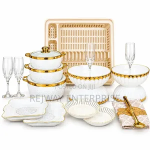 Elegant White and Gold Dinner Set with Dish Rack
