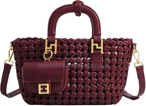 Luxury Woven Handbag Set - Silver & Burgundy