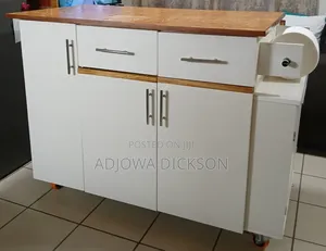 Kitchen Island Cabinet with White Finish and Wooden Countertop