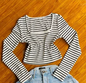White Striped Long Sleeve Cropped Top