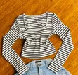 White Striped Long Sleeve Cropped Top - 1