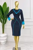 Elegant Navy Blue Corporate Midi Dress with Turquoise Trimming - 1