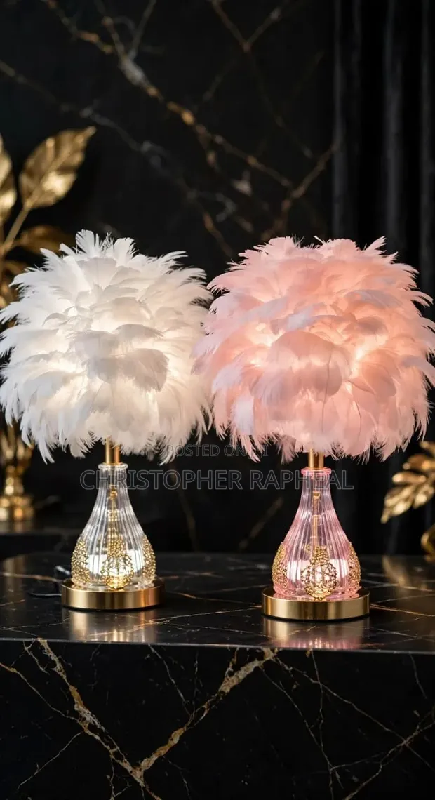 Luxury Feather Table Lamp Crystal Base White & Pink - 1