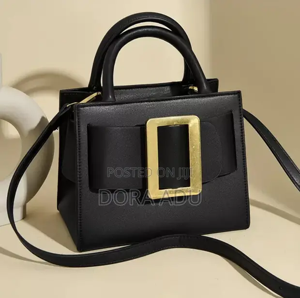 Structured Buckle Handbag - Black Genuine Leather - 1
