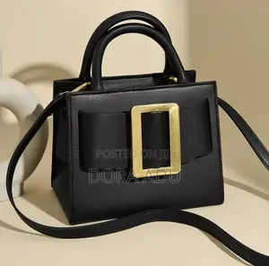 Structured Buckle Handbag - Black Genuine Leather