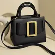 Structured Buckle Handbag - Black Genuine Leather - 1