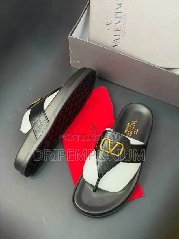 Valentino Garavani Black Thong Sandals - Gold V Logo - 1