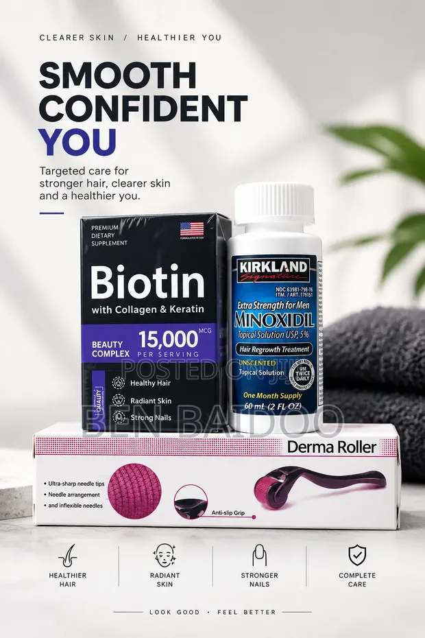 Kirkland Minoxidil + Derma Roller + Biotin Hair Regrowth Combo - 1