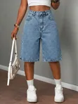 High-Waisted Knee-Length Baggy Denim Bermuda Shorts (Jorts) - 1