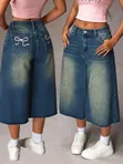 High-Waisted Knee-Length Baggy Denim Bermuda Shorts (Jorts) - 2